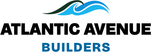 Logo for "Atlantic Coast Builders" featuring two stylized blue waves above the company name in bold black and blue text, highlighting their expertise as skilled carpenters.