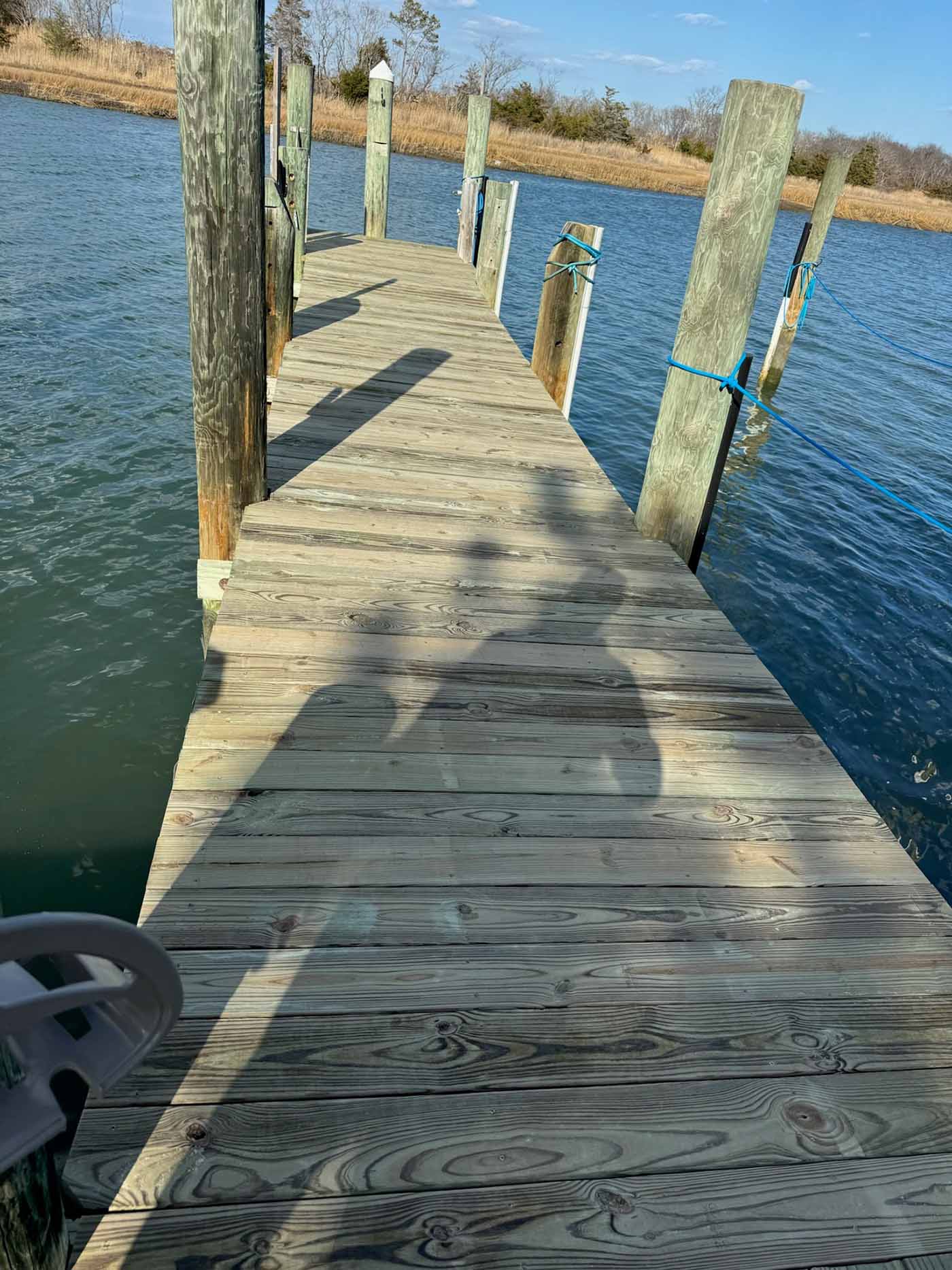 A wooden dock, crafted by a skilled carpenter, extends over calm water with blue ropes tied to tall posts. The shadow of a person falls across the dock, while reeds and trees frame the scene beneath a blue sky.